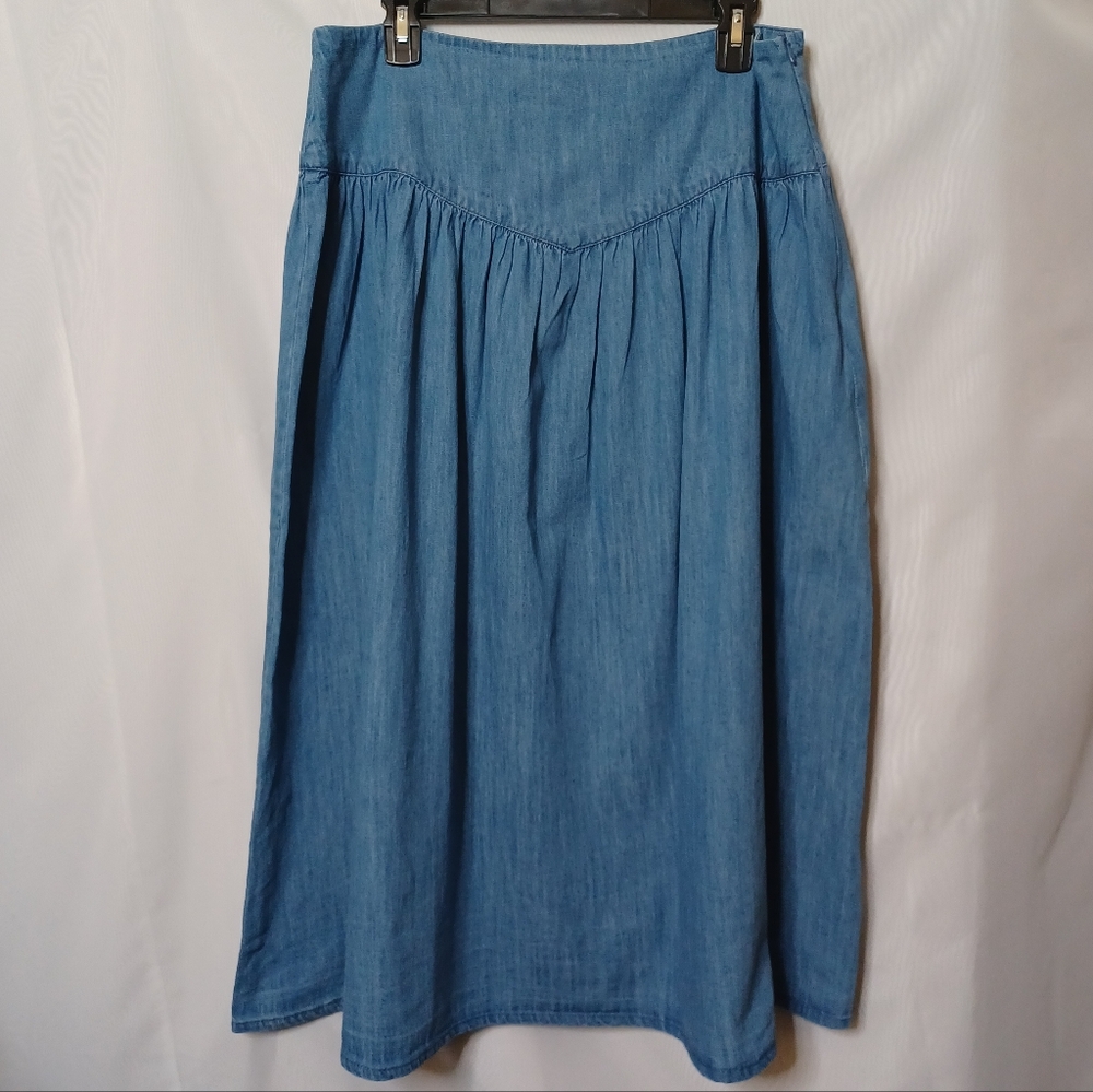 Wednesday Girl Chambray Blue Midi Skirt With Gathers. Size XL - Picture 5 of 15
